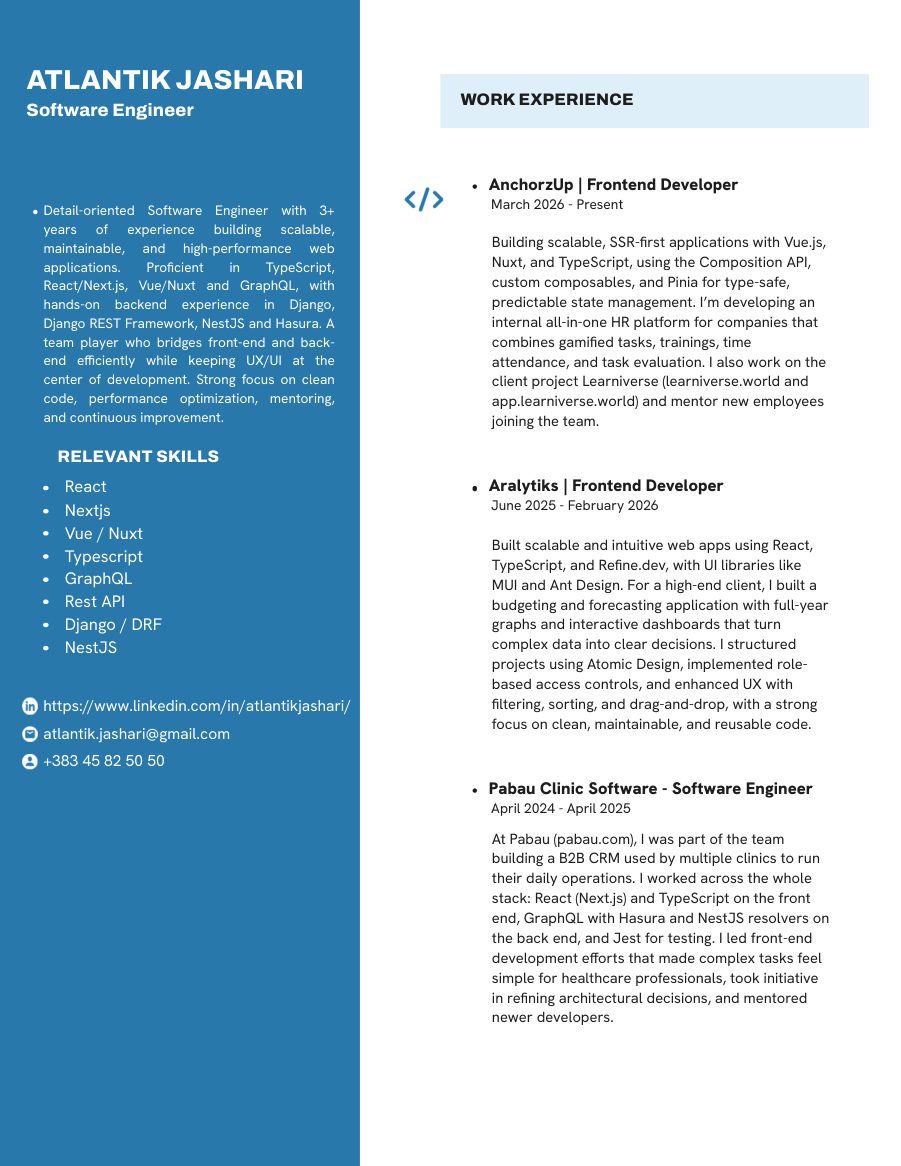 Preview of the first page of Atlantik Jashari's CV